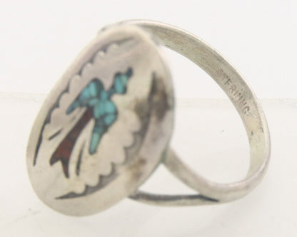 Navajo Ring 925 Sterling Natural Chip Inlay Coral & Turquoise C.80's Size 8.0