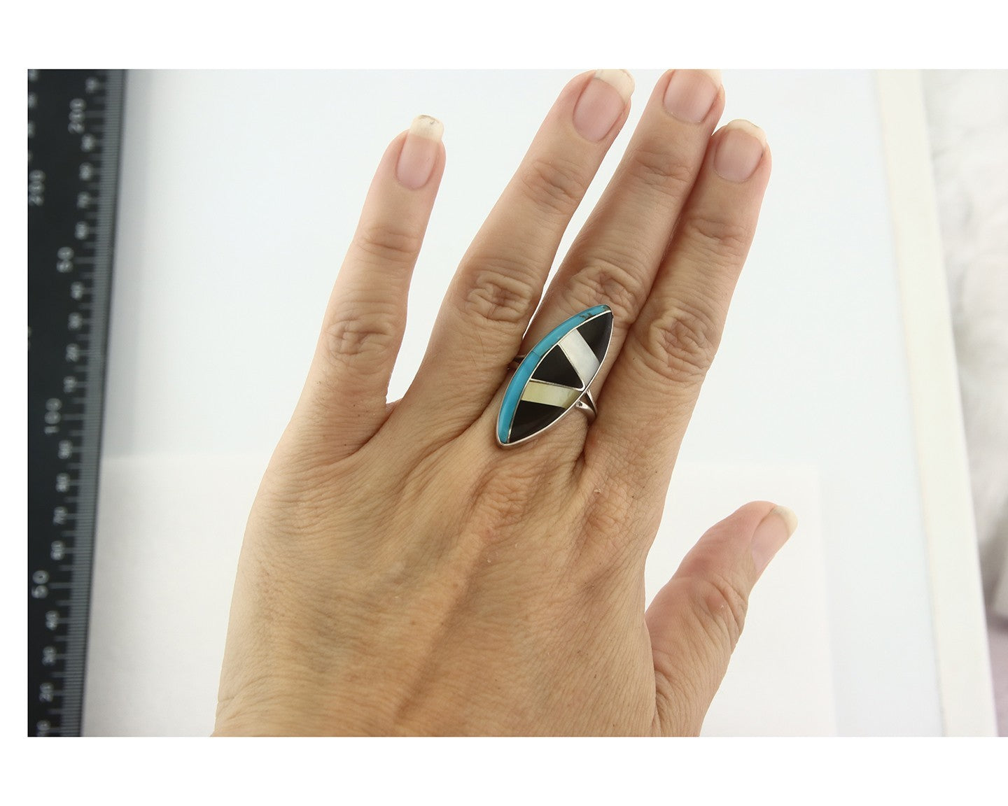 Vintage Zuni Ring 925 Sterling Silver Natural Gemstone Signed MK Size 6.75