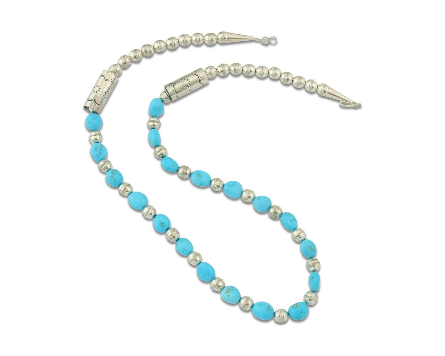 Vintage Navajo Bead Necklace 925 Silver Blue Gem Turquoise Hand Stamped