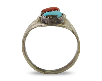 Navajo Handmade Ring 925 Silver Turquoise & Coral Native Artist C.80's