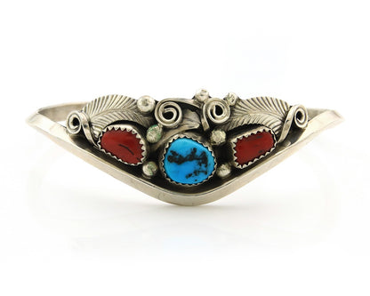 Navajo Cuff Bracelet Sterling Silver Natural Coral Turquoise Sign Justin Morris