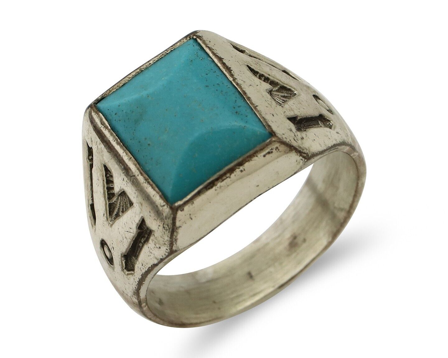 Navajo Ring 925 Silver Kingman Turquoise Signed Sun Bell Silver Company C.80's