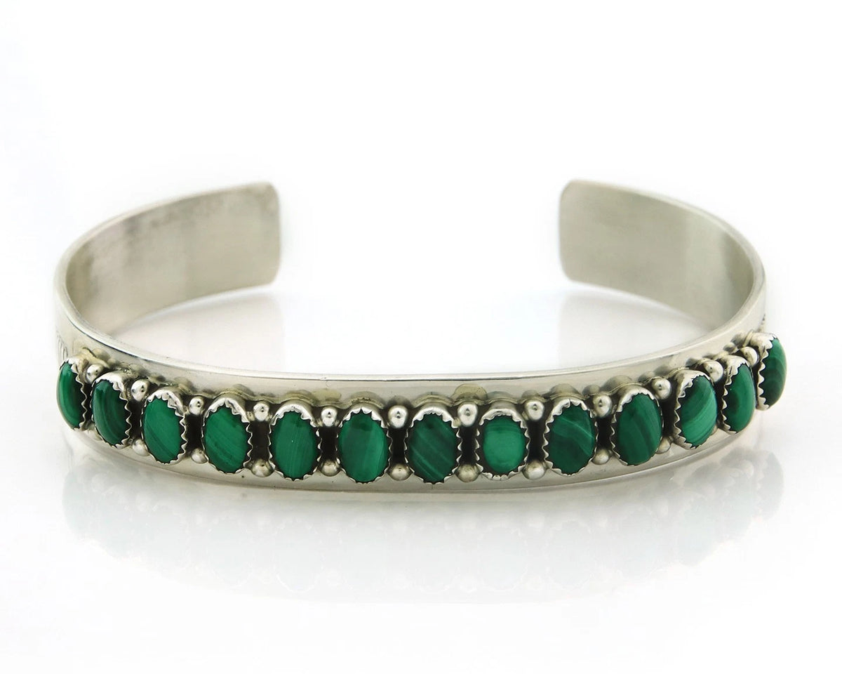 Navajo Cuff Bracelet Sterling Silver Malachite Vintage Signed L Blackgoat