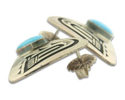 Navajo Earrings 925 Silver Natural Turquoise Artist Signed AL C.80's