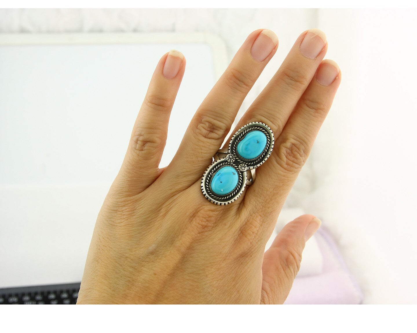 Vintage Navajo Ring Sterling Silver Authentic Turquoise Tom Willeto Size 8.0