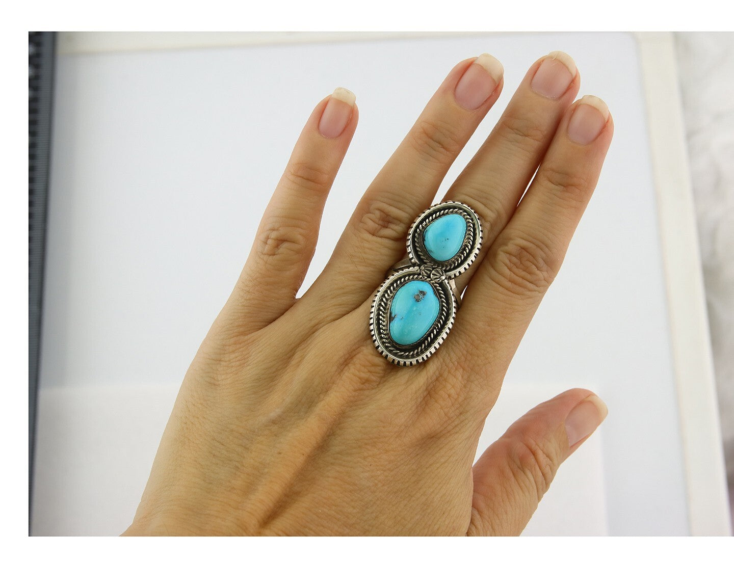 Vintage Navajo Ring Sterling Silver Turquoise Signed Tom Willeto Size 7.0