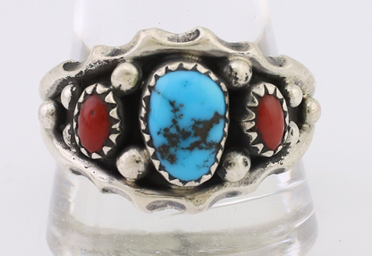 Navajo Ring 925 Silver Coral Turquoise Artist Signed SC C.80's