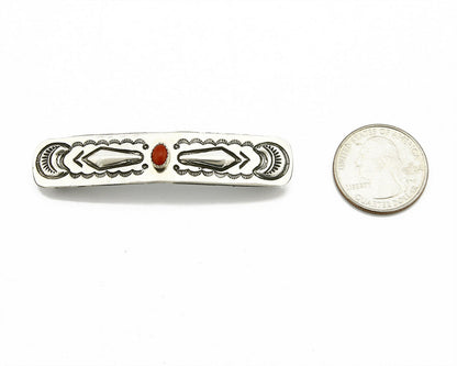 Navajo Real Red Coral 925 SOLID SILVER Hand Stamped 12mm Wide Barrette Hair Clip
