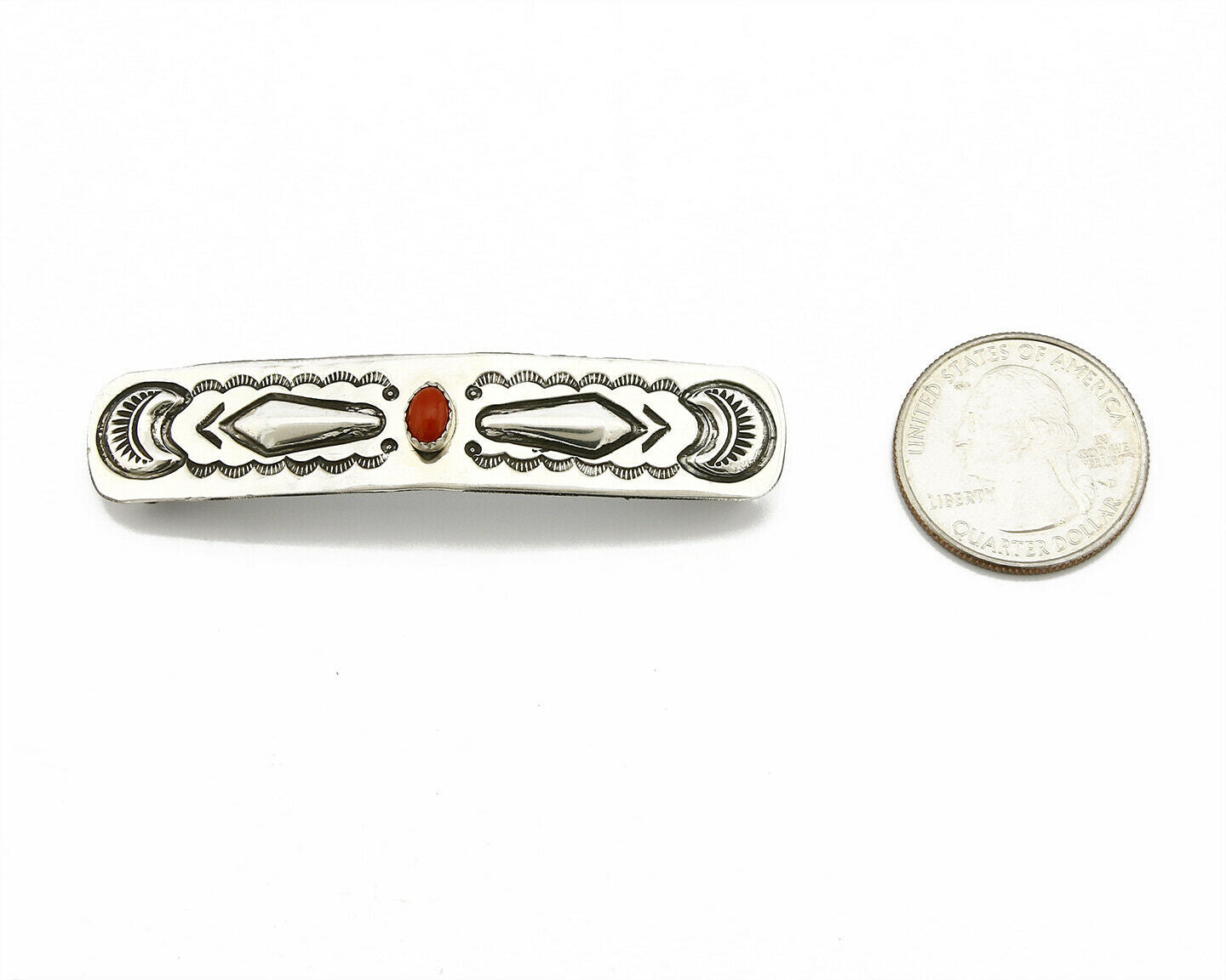 Navajo Real Red Coral 925 SOLID SILVER Hand Stamped 12mm Wide Barrette Hair Clip