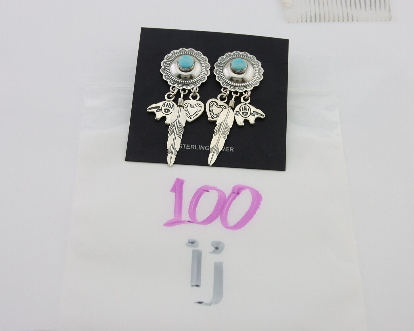 Navajo Concho Dangle Bear Feather Heart Earrings 925 Silver Natural Turquoise