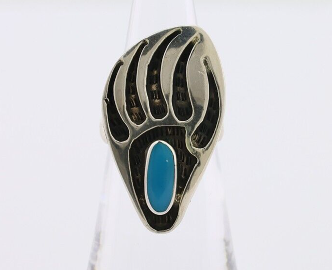 Navajo Badger Paw Ring 925 Silver Turquoise Native American Artist C.80's