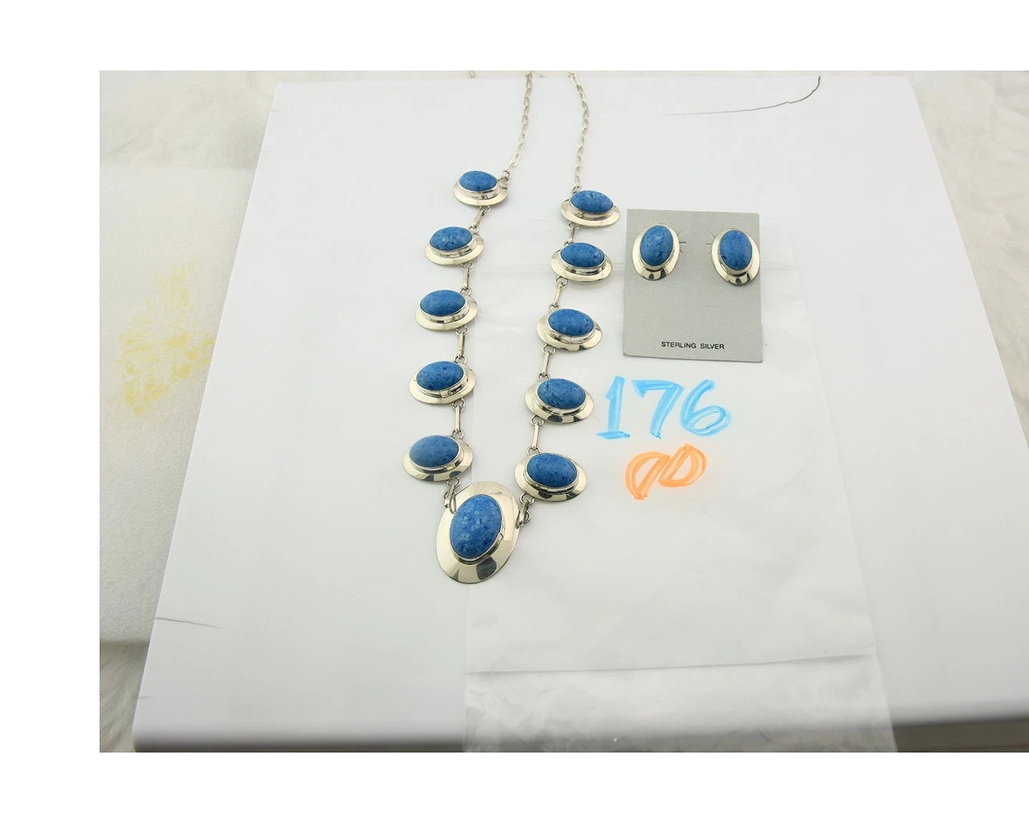 Navajo Necklace Earring Set Sterling Silver Lapis Vintage Signed RW