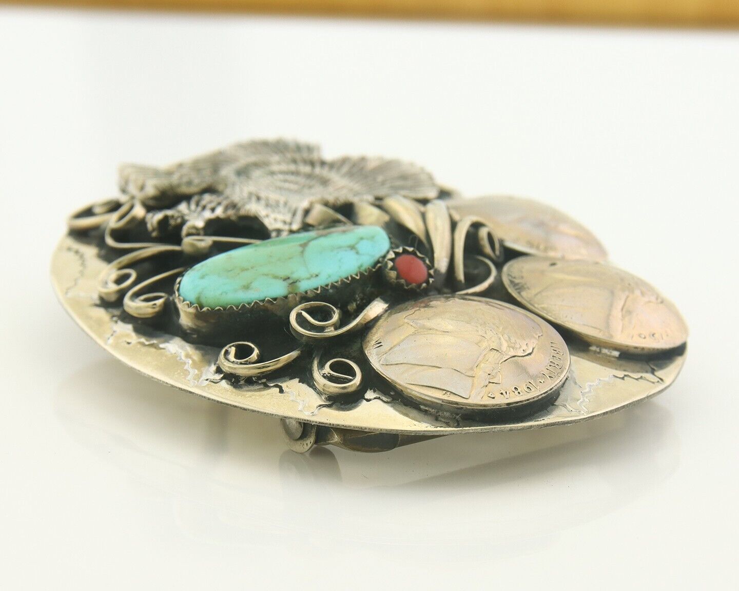 Navajo Belt Buckle .999 Nickel Buffalo Gemstone Signed Squaw Wrap 2.5x3.0in C80s