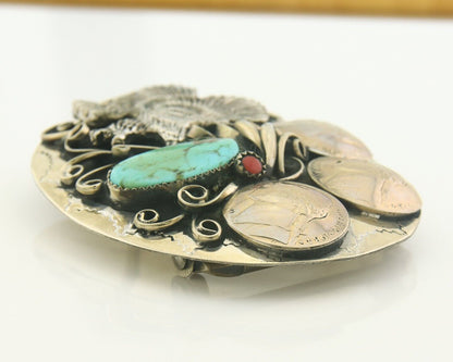 Navajo Belt Buckle .999 Nickel Buffalo Gemstone Signed Squaw Wrap 2.5x3.0in C80s