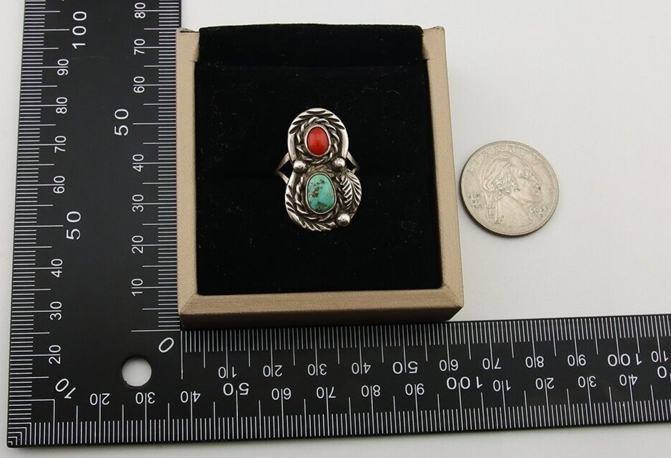 Navajo Handmade Ring 925 Silver Turquoise & Coral Native Artist C.80's