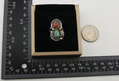 Navajo Handmade Ring 925 Silver Turquoise & Coral Native Artist C.80's