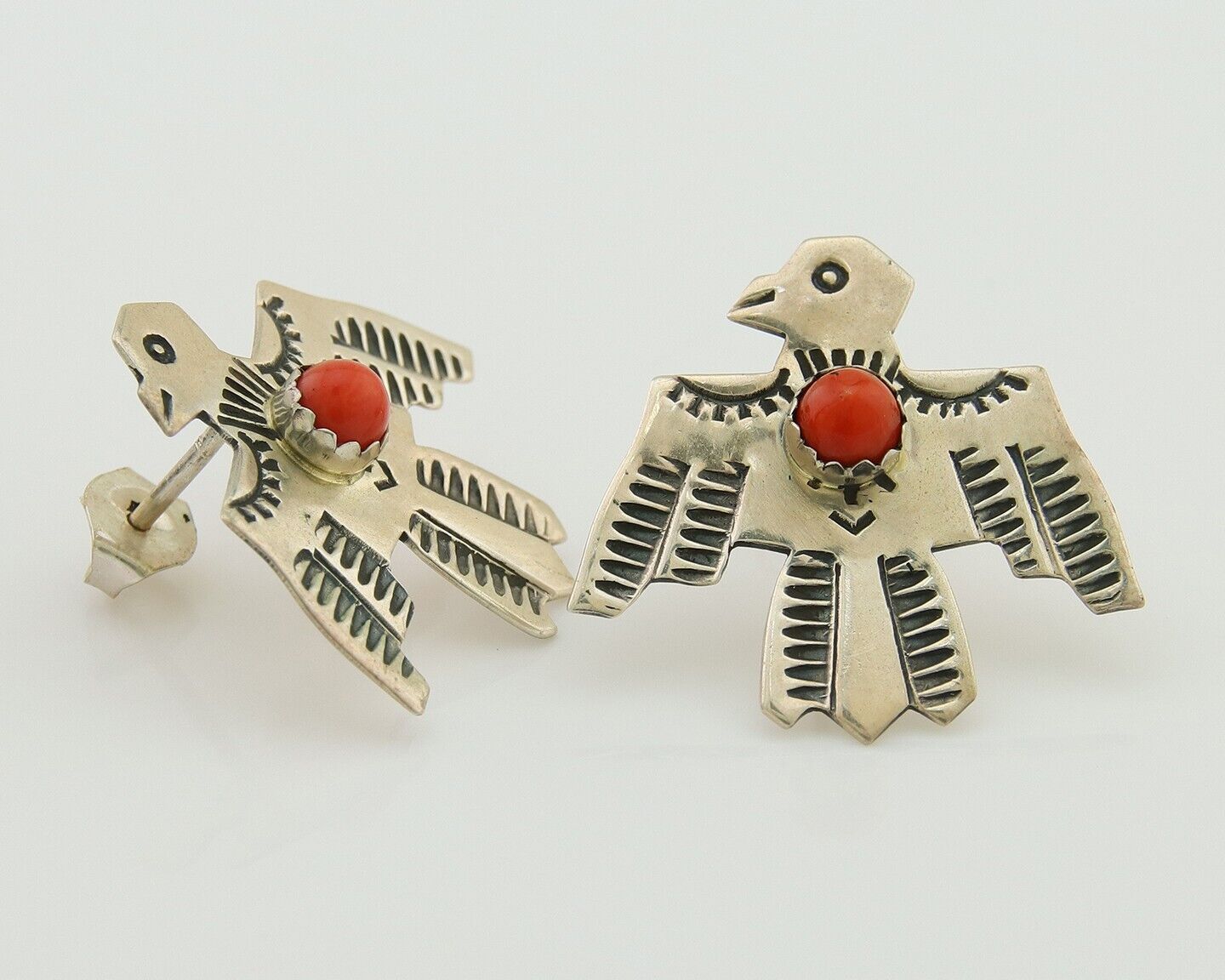 Navajo Thunderbird Earrings 925 Silver Natural Red Coral Native Artist C.80's