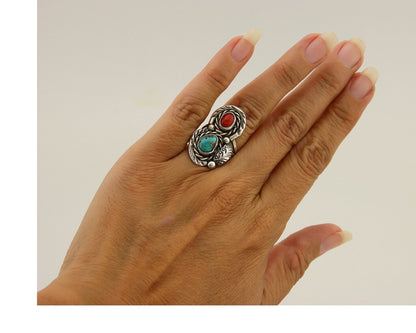 Navajo Handmade Ring 925 Silver Turquoise & Coral Native Artist C.80's