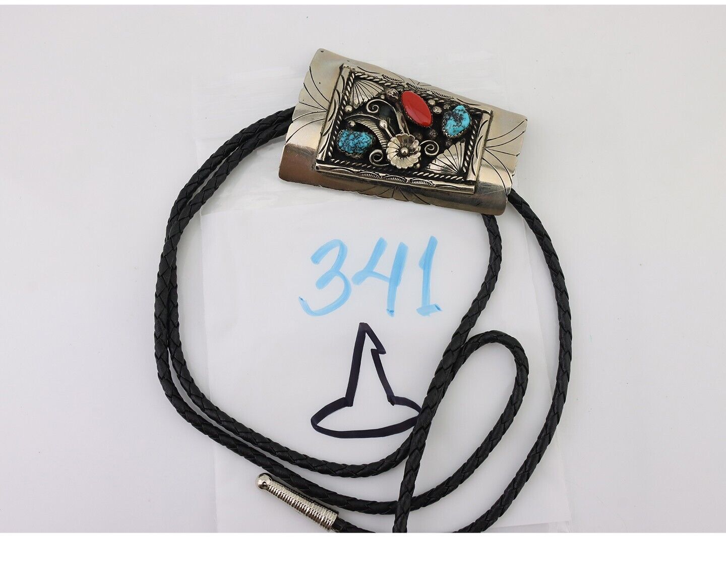 Navajo Bolo Tie .999 Nickel Coral & Turquoise Signed Animal Paw C.80's