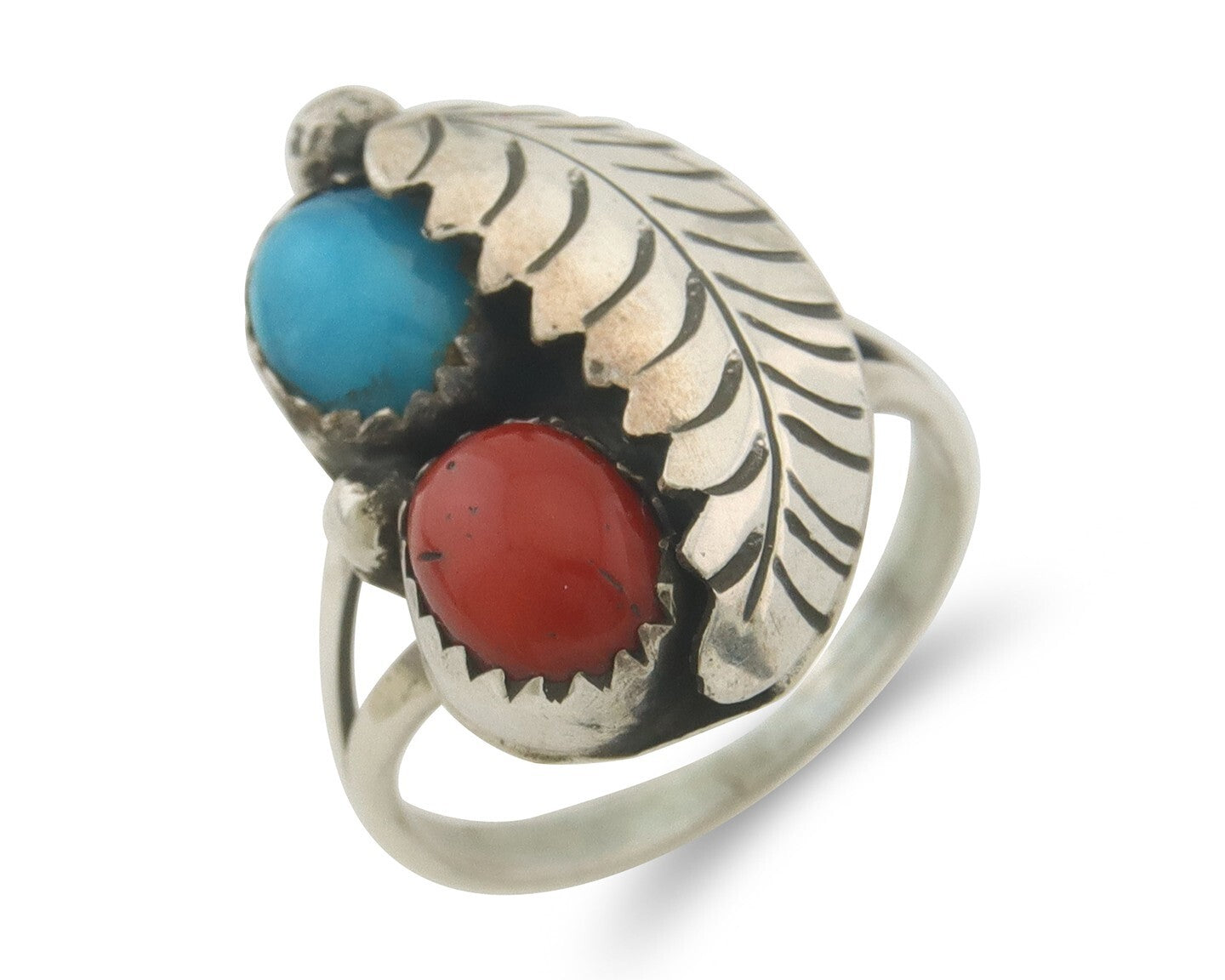 Navajo Ring 925 Sterling Natural Coral & Turquoise Signed BB C.80's Size 6.0