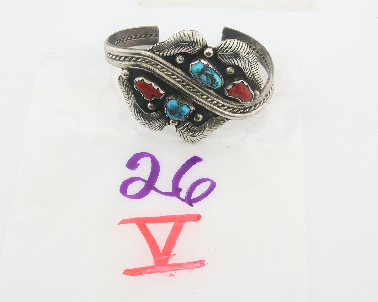 Navajo Bracelet 925 Silver Coral & Turquoise Cuff Signed R Spencer C.80's