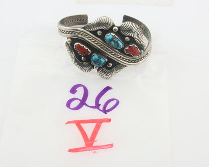 Navajo Bracelet 925 Silver Coral & Turquoise Cuff Signed R Spencer C.80's