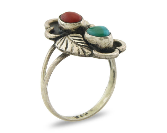 Vintage Navajo Ring 925 Sterling Silver Authentic Turquoise & Coral Size 5.75
