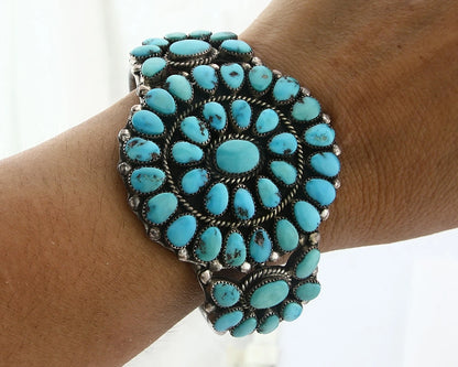 Navajo Cuff Bracelet Sterling Silver Kingman Vintage Turquoise Signed SIK C.80's