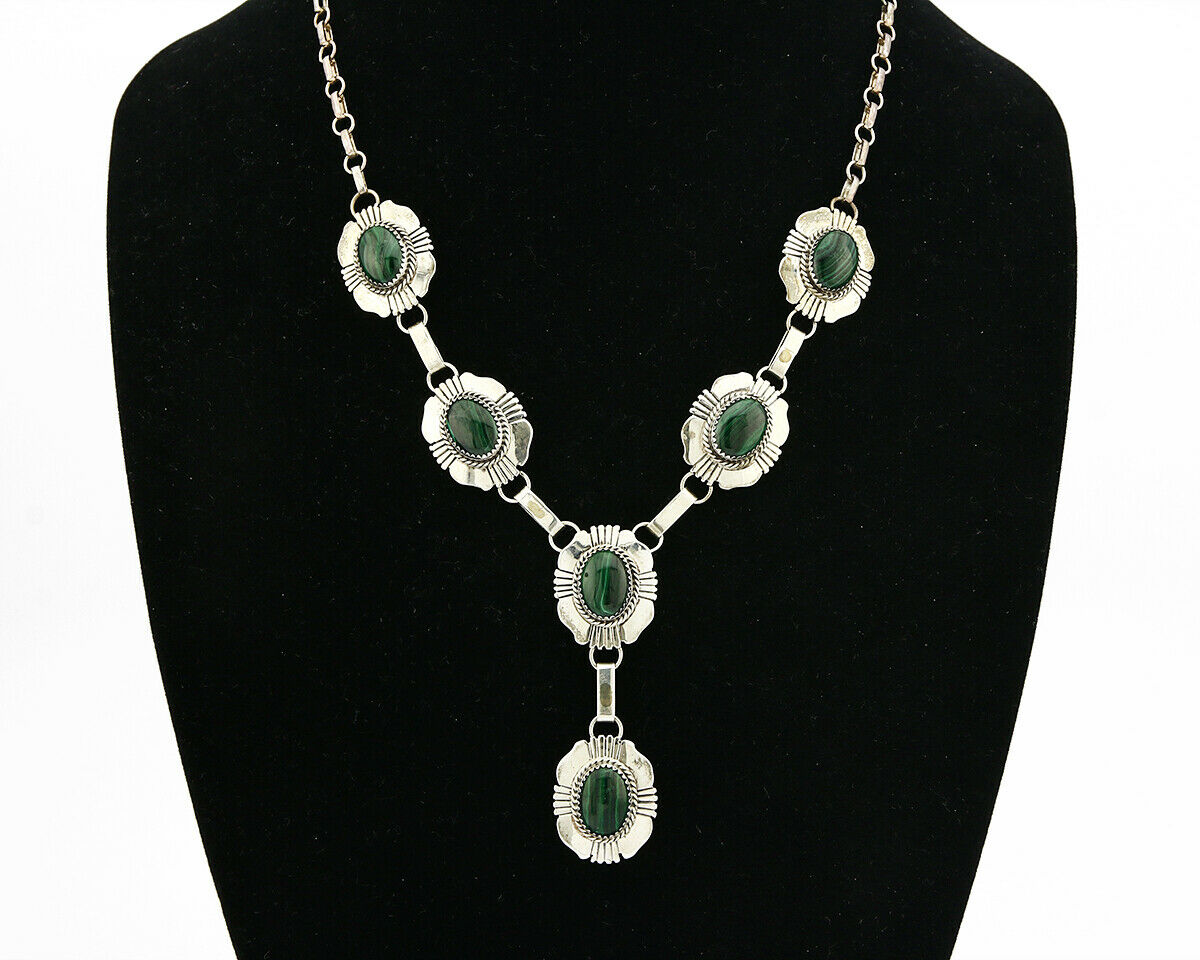 C.80-90's Navajo William Denetdale .925 SOLID Silver Natural Malachite Necklace