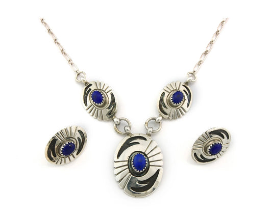 Navajo Necklace Earring Set Sterling Silver Natural Lapis Artist Signed LY