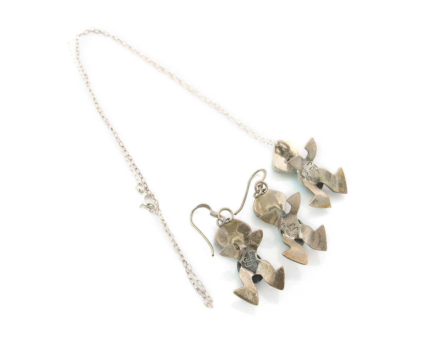 Navajo Turtle Necklace Earrings Set Sterling Silver Turquoise Vintage Signed JJ