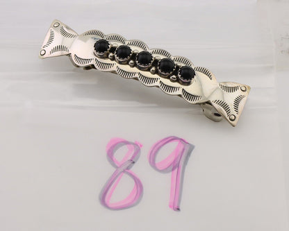 Women Navajo Hair Clip Barrette 925 Silver Hand Stamped Onyx Signed BN C.80s