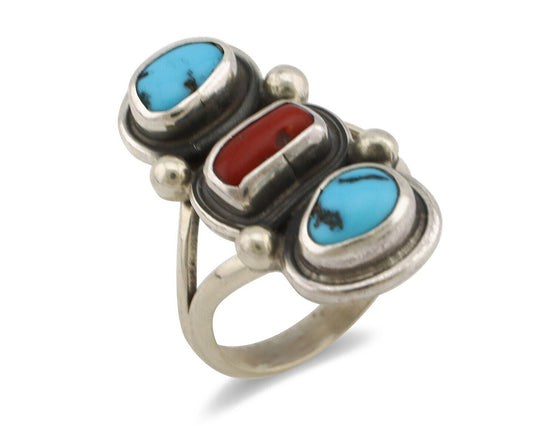 Navajo Ring 925 Silver Sleeping B Turquoise & Coral Native American Artist C.80s