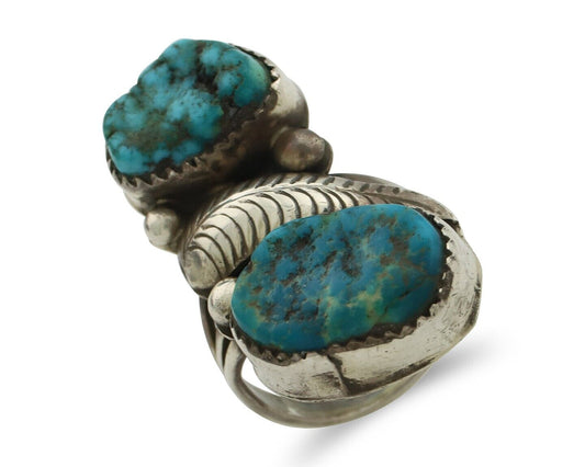 Navajo 2 Stone Ring 925 Silver Seafoam Turquoise Native American Artist C.80's