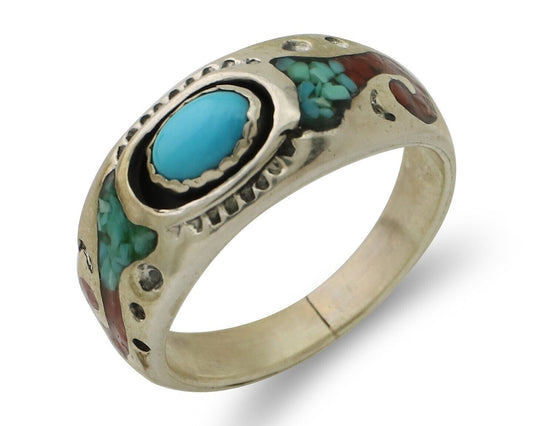 Navajo Ring 925 Silver Turquoise & Coral Natural American Artist C.80's