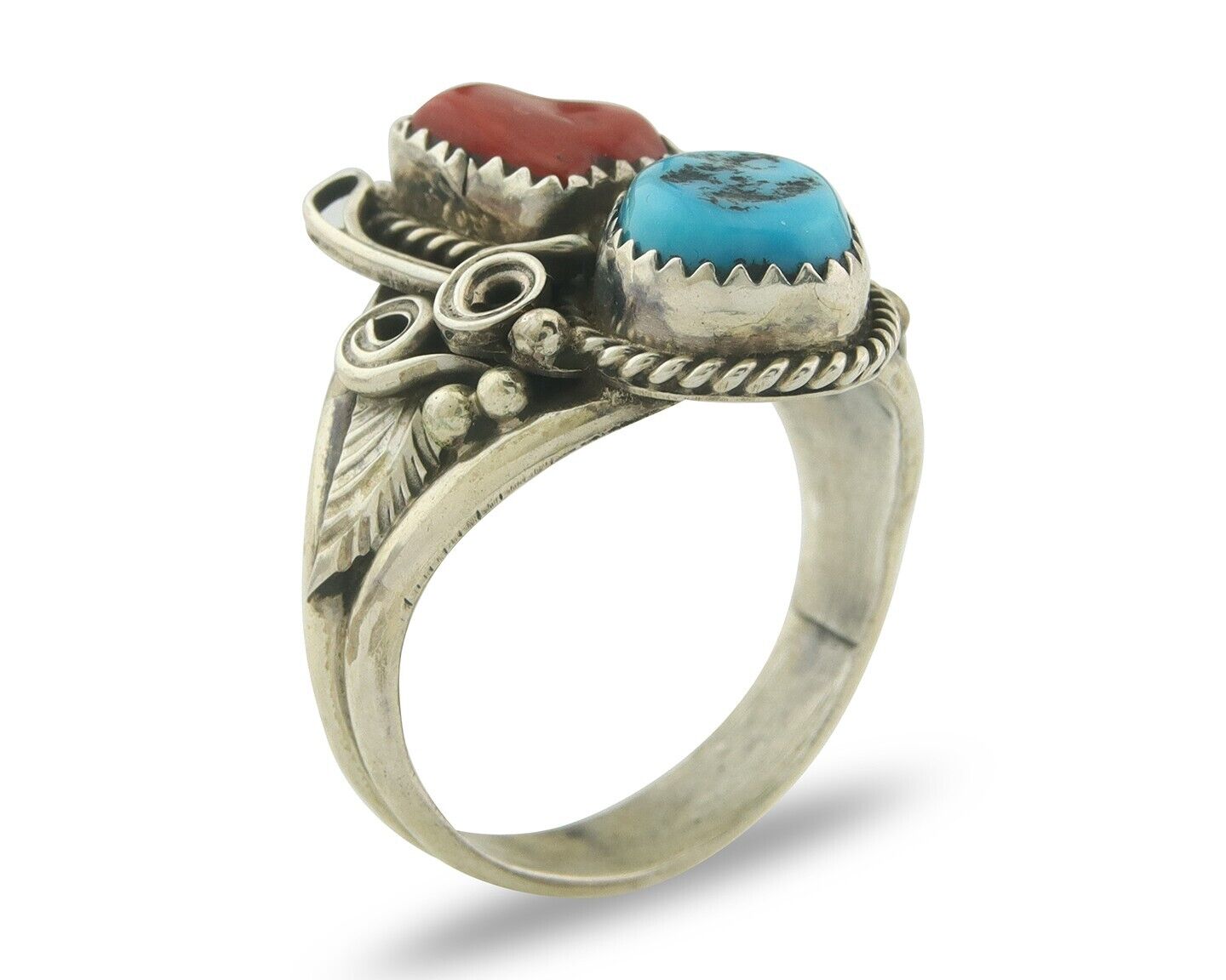 Men Navajo Ring 925 Sterling Natural Coral & Turquoise Signed JM C.80's Sz 12.25