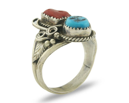 Men Navajo Ring 925 Sterling Natural Coral & Turquoise Signed JM C.80's Sz 12.25