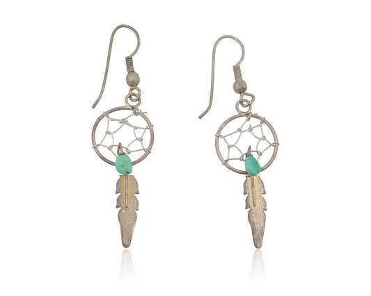 Navajo Dangle Dream Catcher Earrings 925 Silver Blue Turquoise Native Artist C80