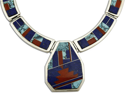Navajo Necklace .925 Silver Spiderweb Turquoise, Lapis, Coral Handmade Signed WM
