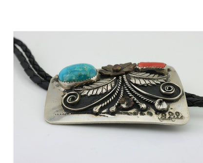 Navajo Bolo Tie .999 Nickel Coral & Turquoise Signed BENNETT C.80's