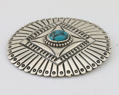 Navajo Pin 925 Silver Natural Turquoise Hand Stamped Native Artist C.80s