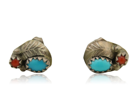 Navajo Earrings 925 Silver Natural Coral & Turquoise Native Artist C.80's