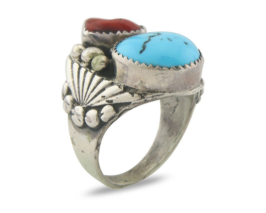 Vintage Navajo Ring 925 Sterling Turquoise & Coral Native Artist Size 8.75