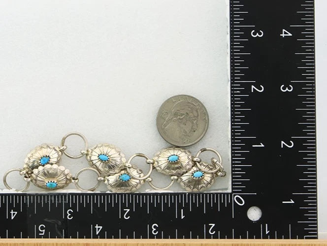 Navajo Concho Bracelet Sterling Silver Turquoise Hand Stamped Signed A.J.