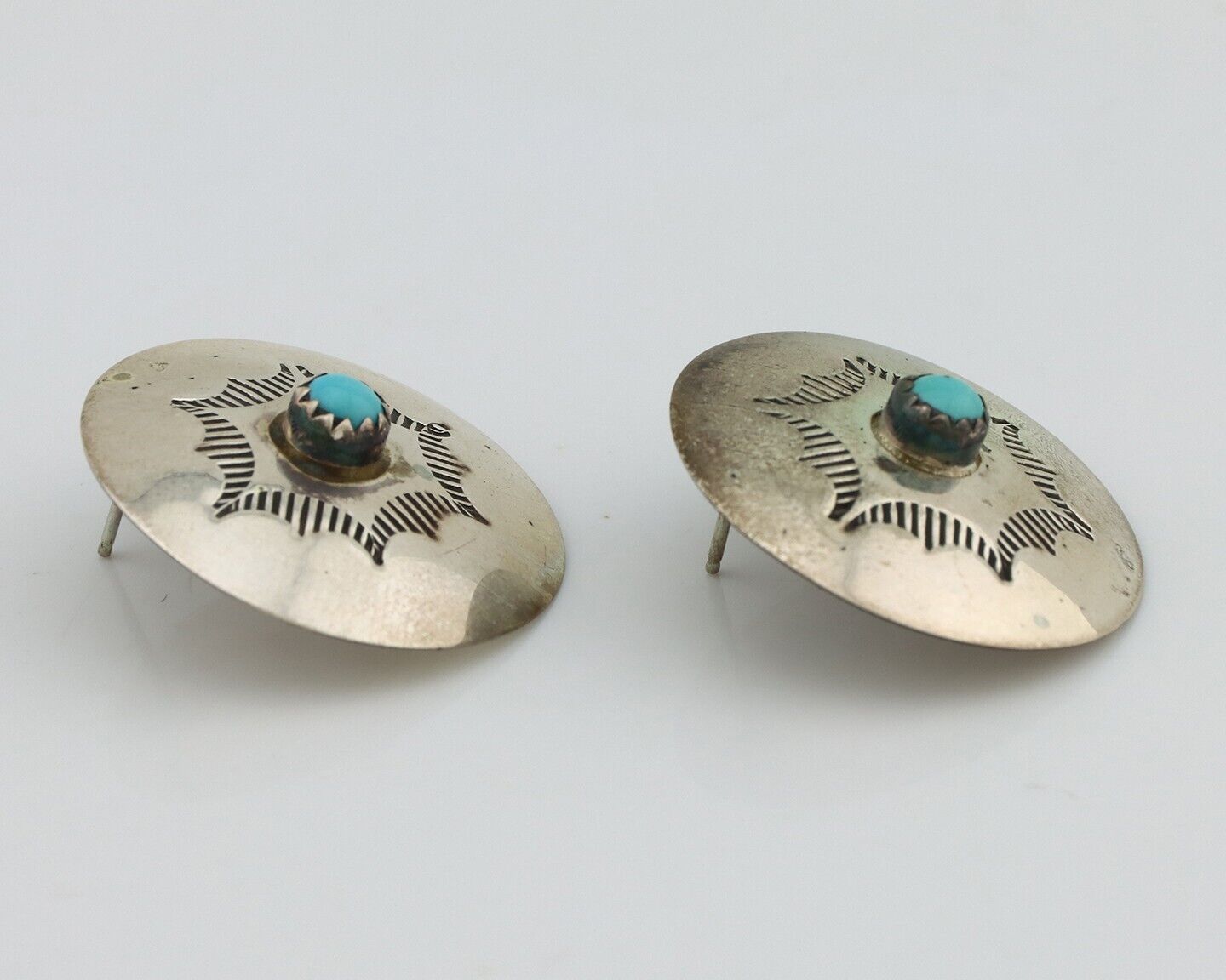 Navajo Hand Stamped Earrings 925 Silver Turquoise Native Artist C.80's