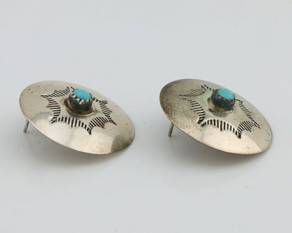 Navajo Hand Stamped Earrings 925 Silver Turquoise Native Artist C.80's