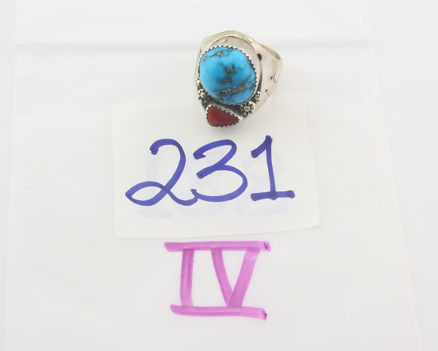 Men Heavy Navajo Ring 925 Sterling Coral & Turquoise C.80's Size 10.75