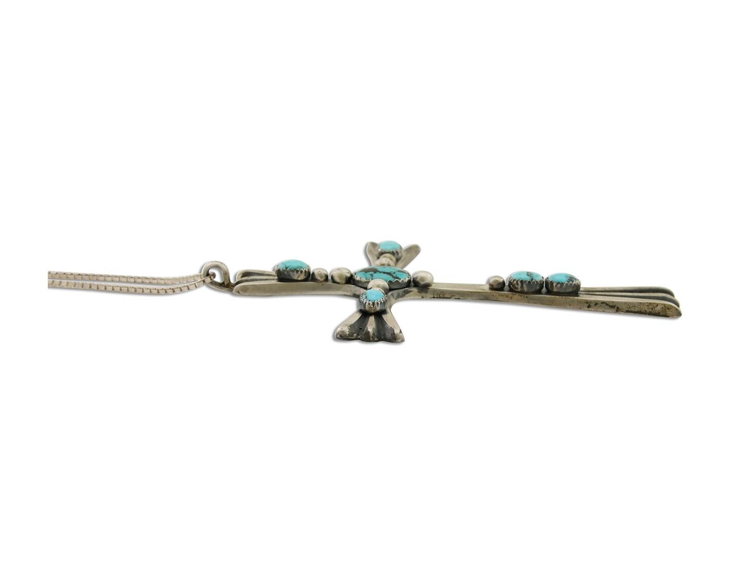 Navajo Sand Cast Cross Pendant 925 Silver Turquoise Signed RJ SILVERSMITHS C.80s