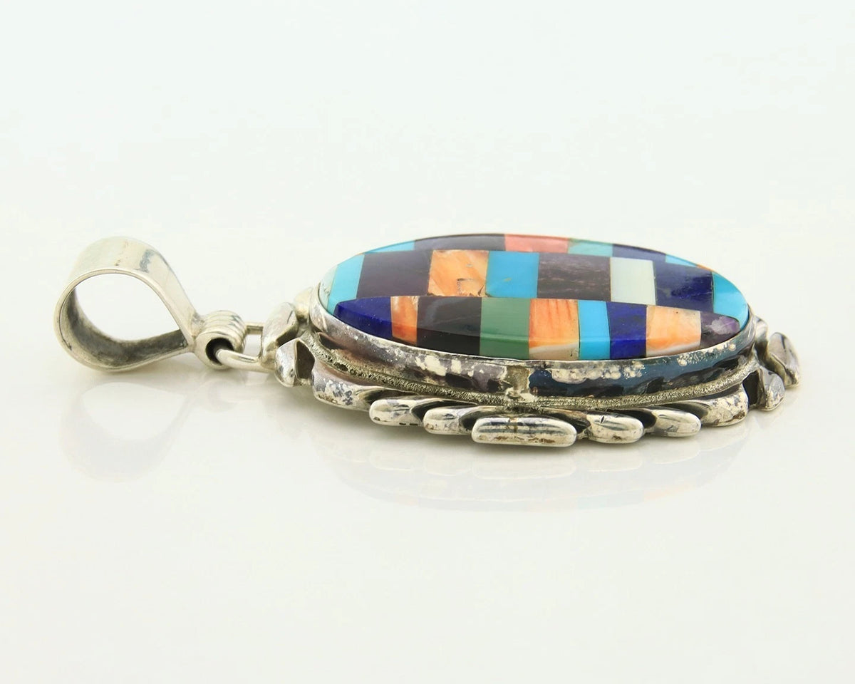 Navajo Pendant 925 Sterling Silver Natural Gemstones Vintage Signed Rabbit Stick