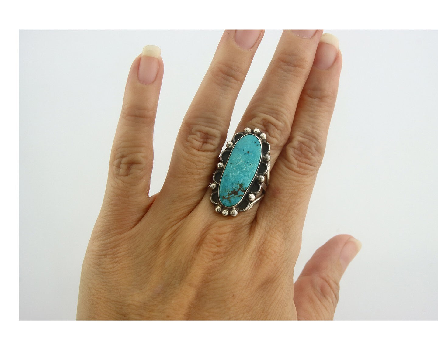 Navajo Ring 925 Sterling Turquoise Handmade Native Artist C.80's Size 7.0